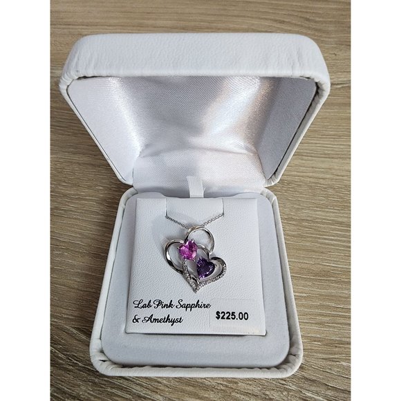 Amethyst, Lab Created Pink Sapphire & Diamond Accent Double Heart Pendant NIB - Picture 2 of 6